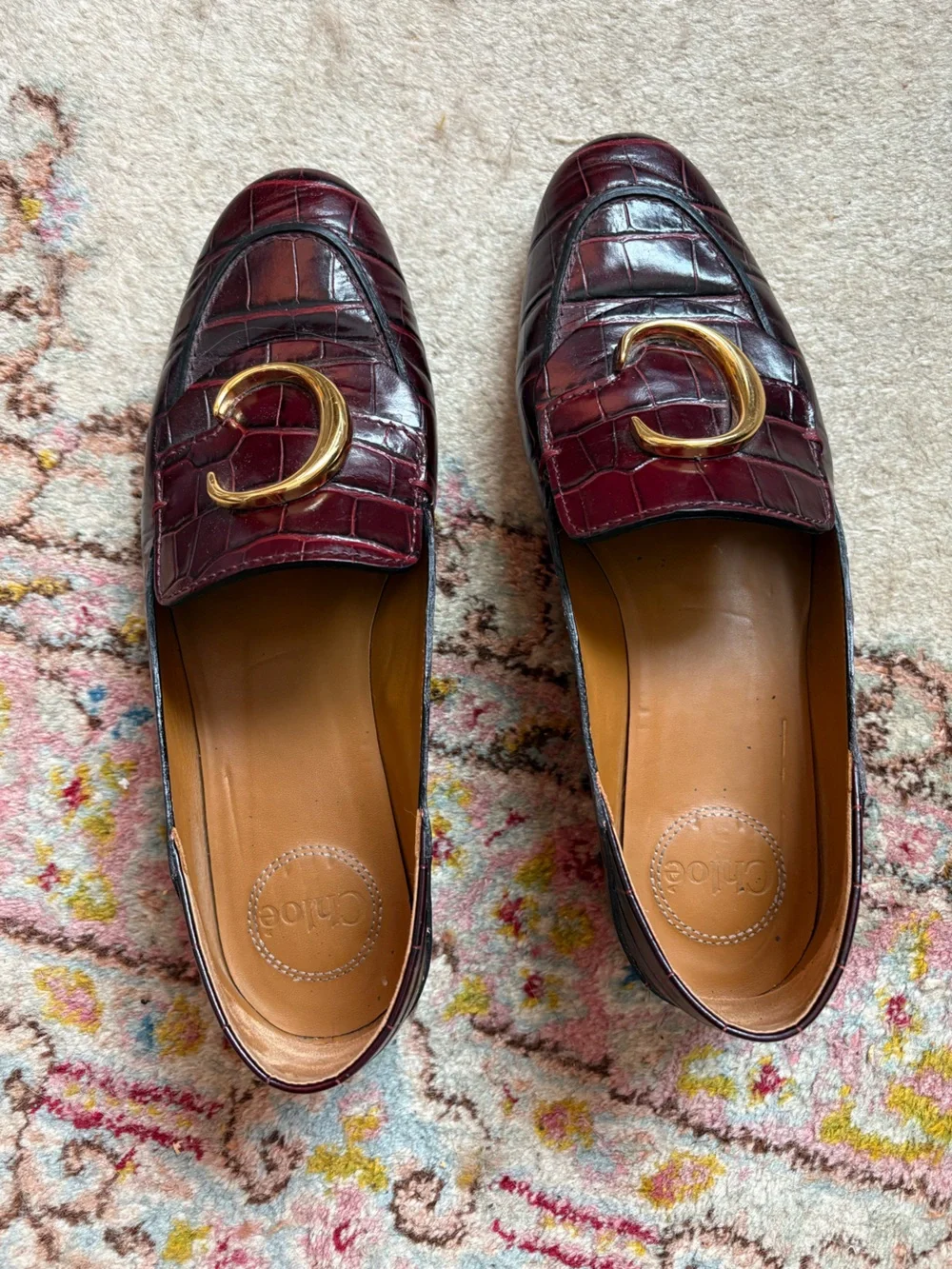 Chloe Burgundy Croc-Embossed Leather Loafers with Gold C